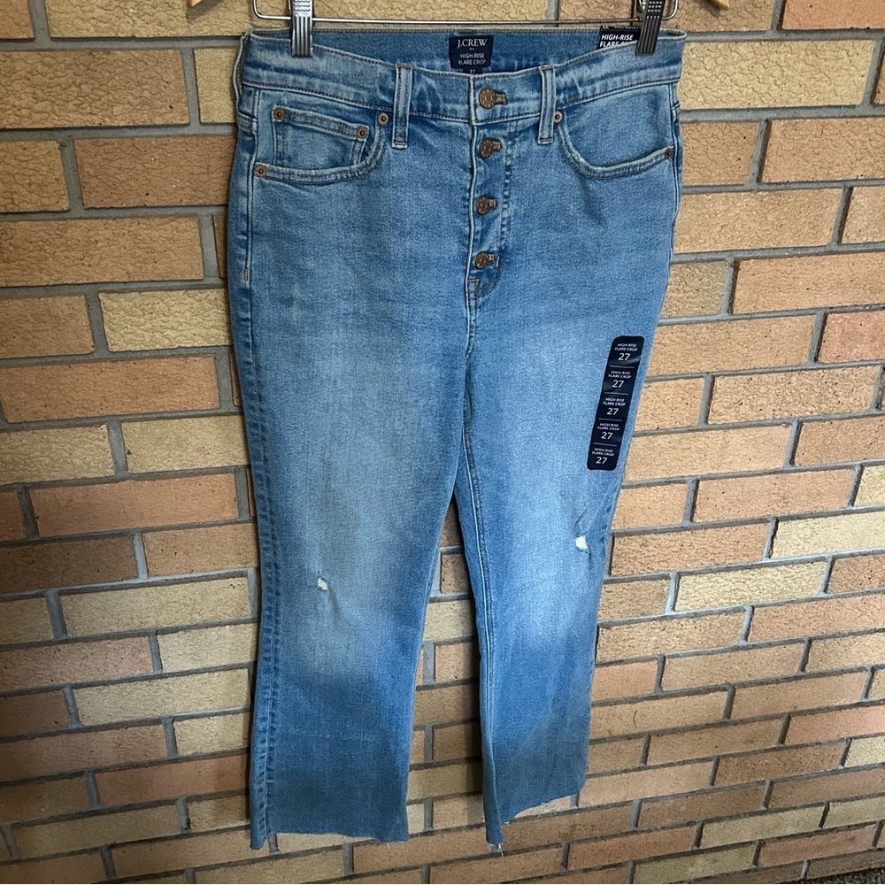 Nwt J. Crew High Rise Flare Crop Denim Distressed Jeans Raw Hem Size 27